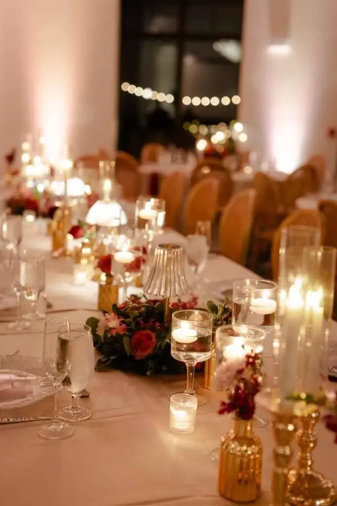 Detail of florals layered across the cocktail bar