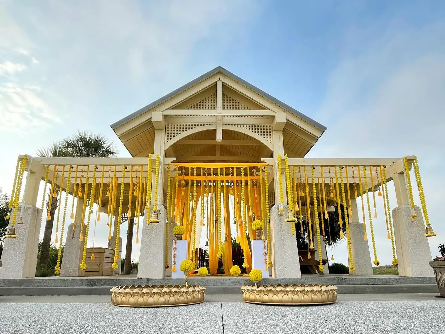 Beachside marigold and bell pavilion for haldi ceremony